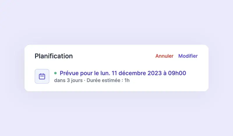 Interface montrant le rendez-vous planifié