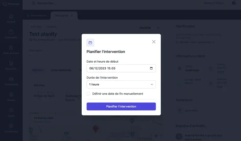 Interface montrant le rendez-vous planifié